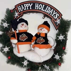Baltimore Orioles SC Christmas Happy Holidays Wreath 18” MLB Snowman Orange Blk